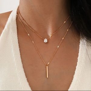 NEW Vintage Boutique Gold Rhinestone Layered 2 Tier Formal Minimalist Necklace